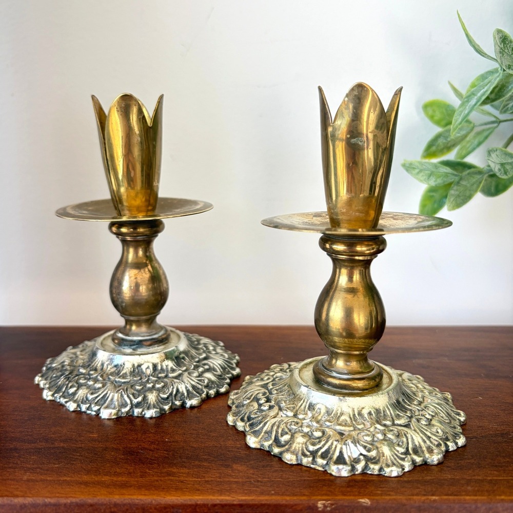 Vintage Brass Tulip Candle Holders Pair Ornate Silver Repousse Base 2578 Metal